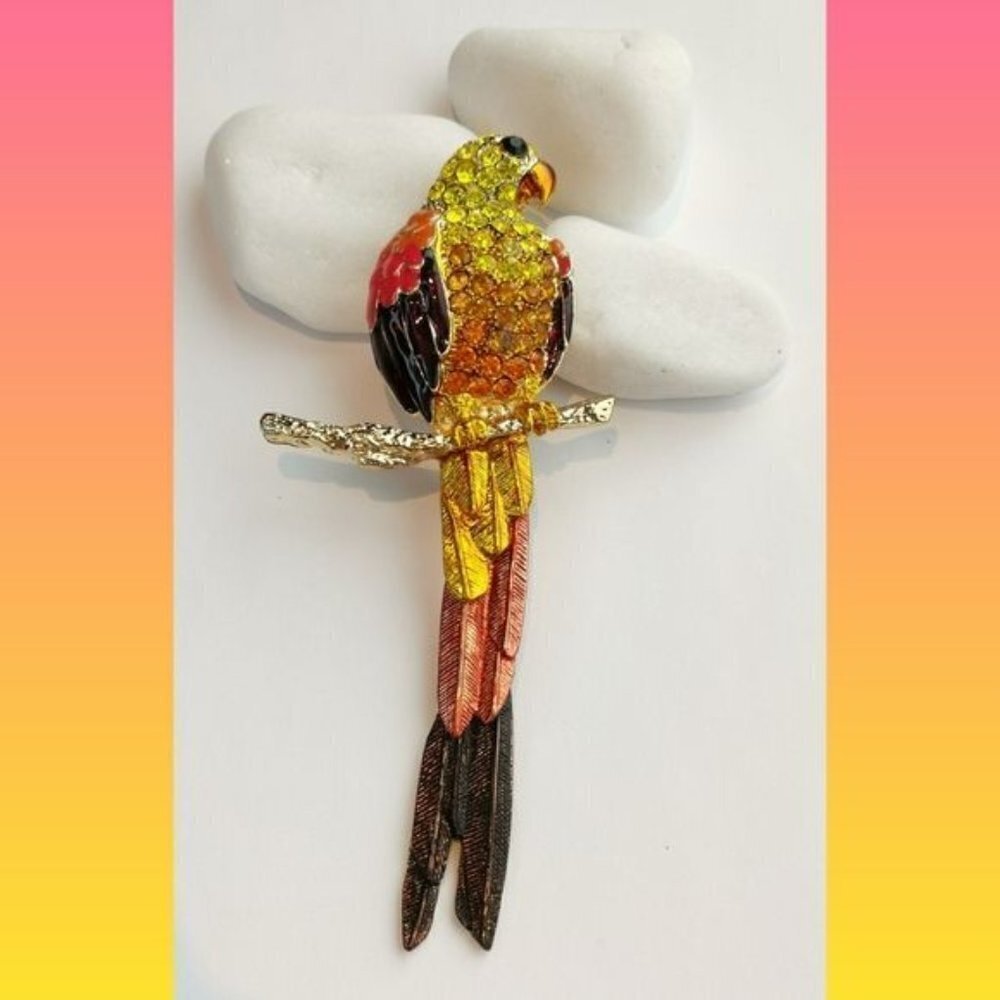Parrot Bird Statement brooch pin Colourful Enamel Crystal